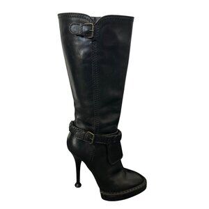 Kenzo Leather Tall Boots Black High Heel Platform Size 37 Going Out Dressy